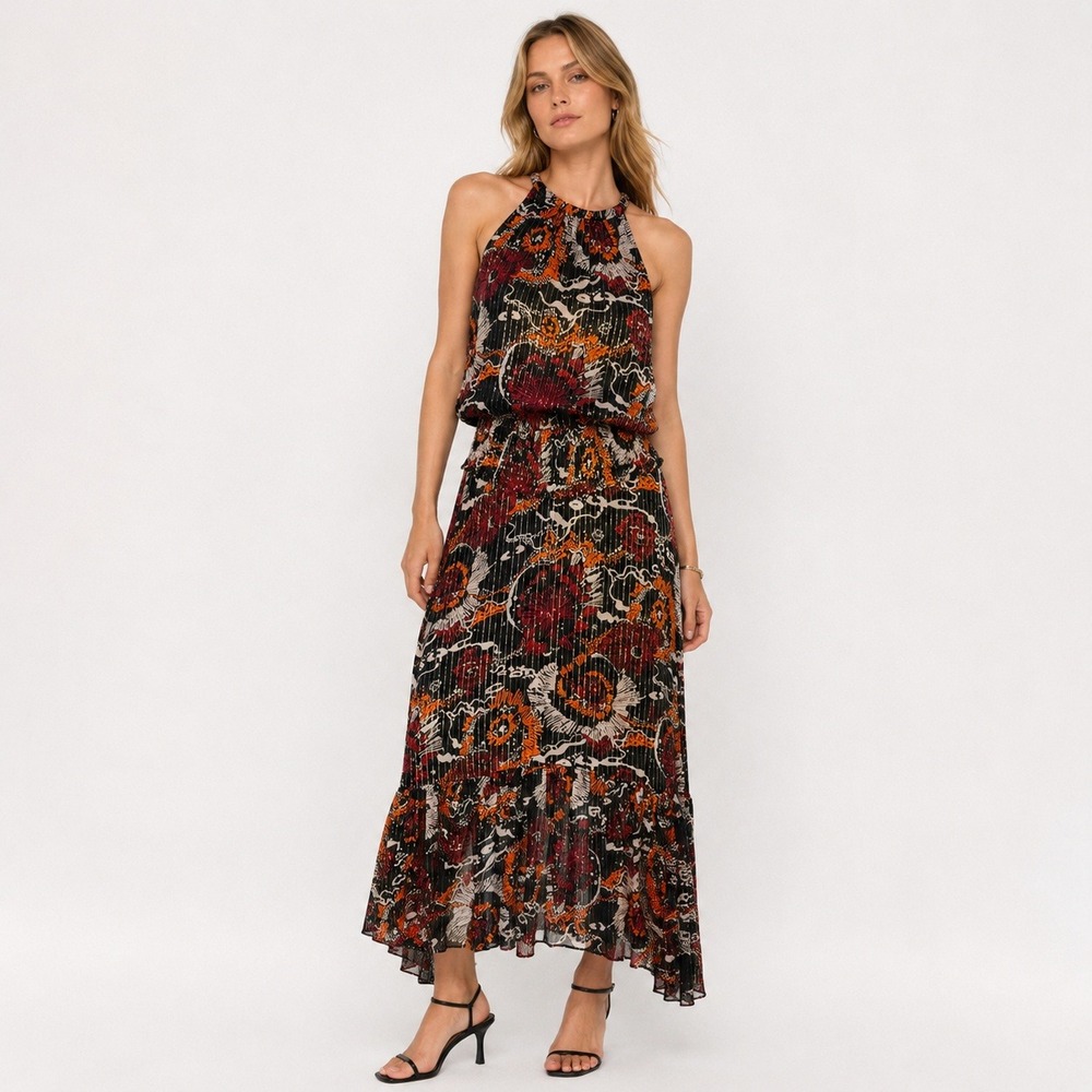 A.L.C. Bardot Silk Maxi Dress Women 4 Black Red Metallic Stripe Floral Boho Chic